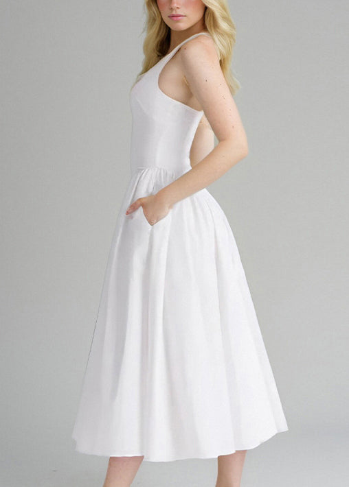 New White V Neck Pockets Cotton Dress Sleeveless