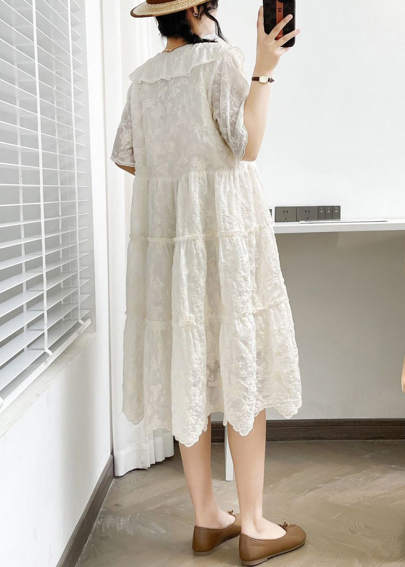 White V Neck Button Ruffled Cotton Dress Summer