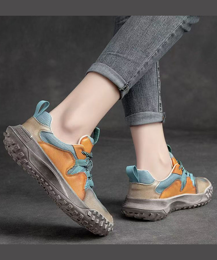 Blue Flat Shoes Platform Cowhide Leather Splicing Lace Up