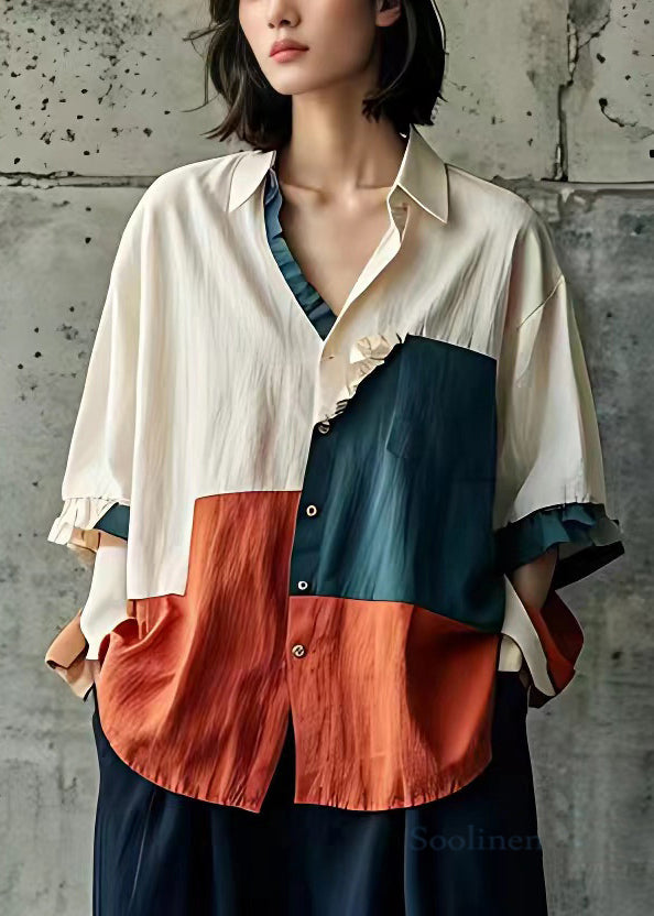 Beige Peter Pan Collar Button Cotton Shirts Butterfly Sleeve