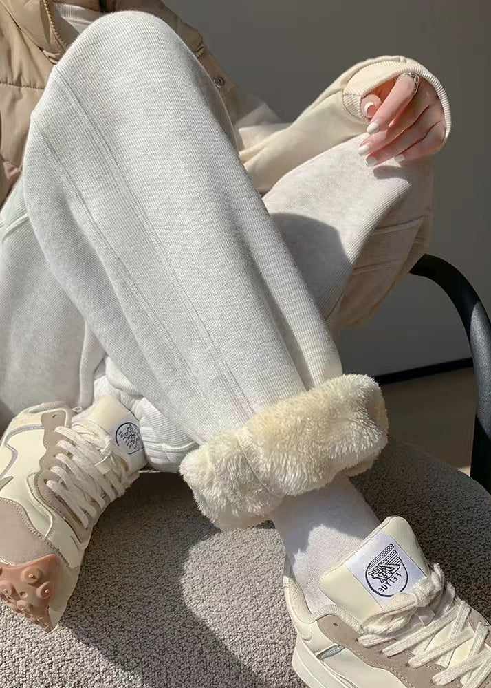 Light Grey Pockets Elastic Waist Warm Fleece Beam Pants Winter