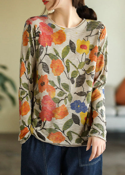 Beige O-neck Print Knit Tops Fall