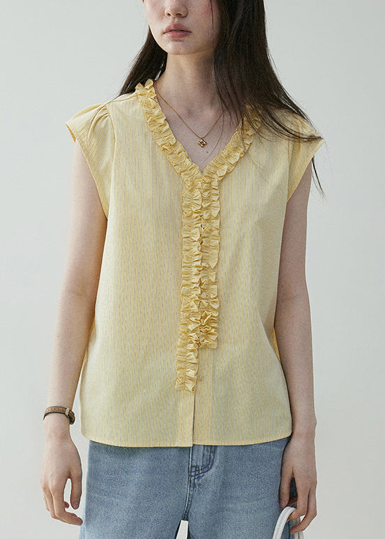Yellow V Neck Ruffled Cotton Shirt Summer