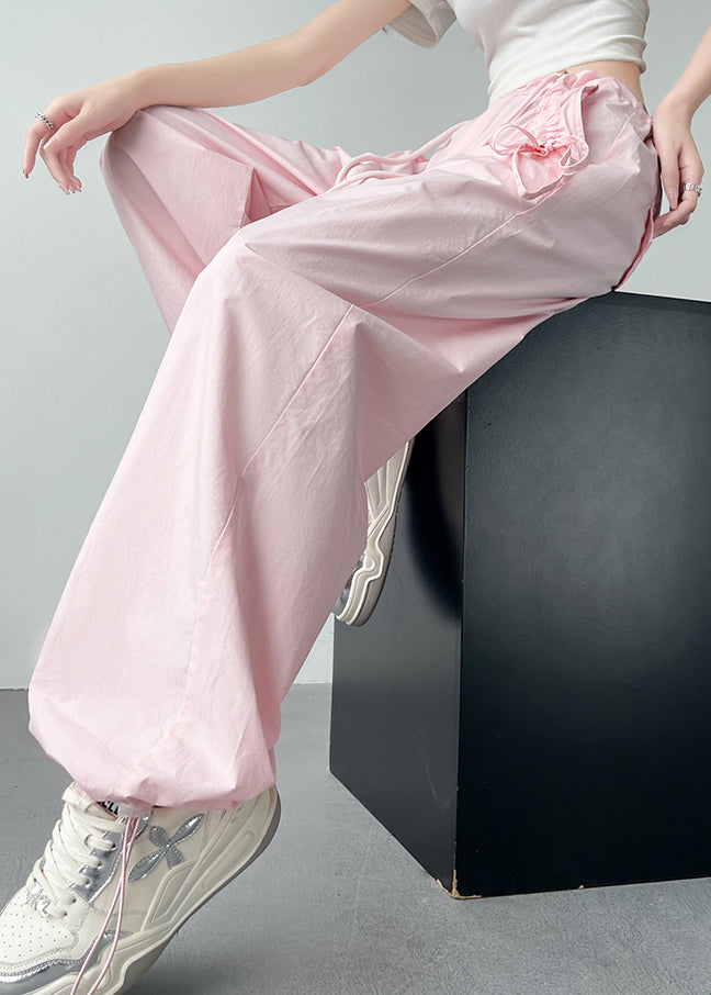 Pink Pockets Drawstring High Waist Cotton Pants Spring