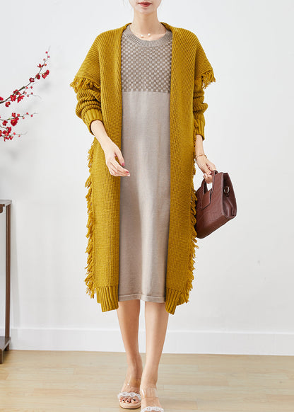 Yellow Tasseled Oversized Knit Cardigan Winter