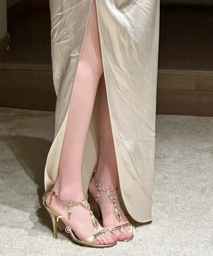 Stylish Zircon Splicing Stiletto High Heels Green Sheepskin Sandals