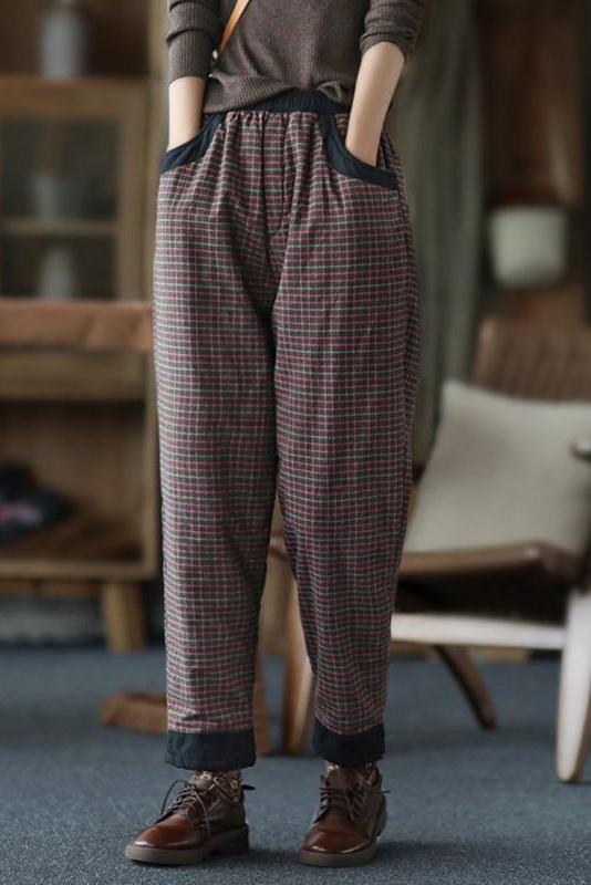 Cotton Linen Plaid Elastic Waist Pants
