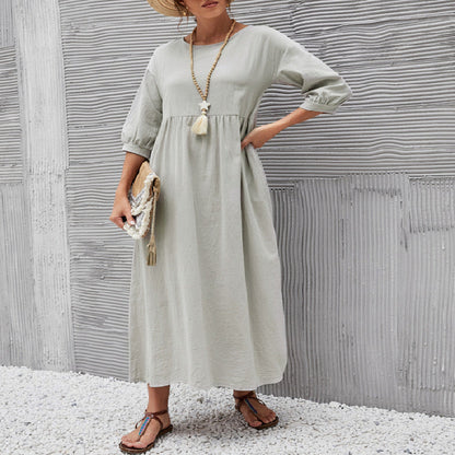 Spring Outfit Lantern Sleeve Loose Cotton and Linen Pocket Dress