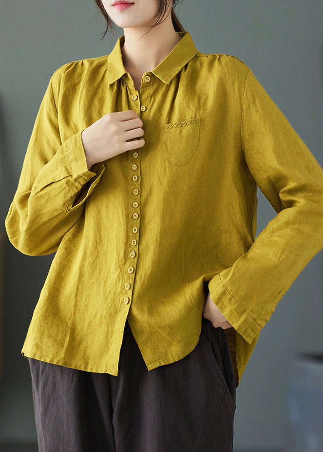 Yellow Peter Pan Collar Embroidered Linen Shirt Long Sleeve