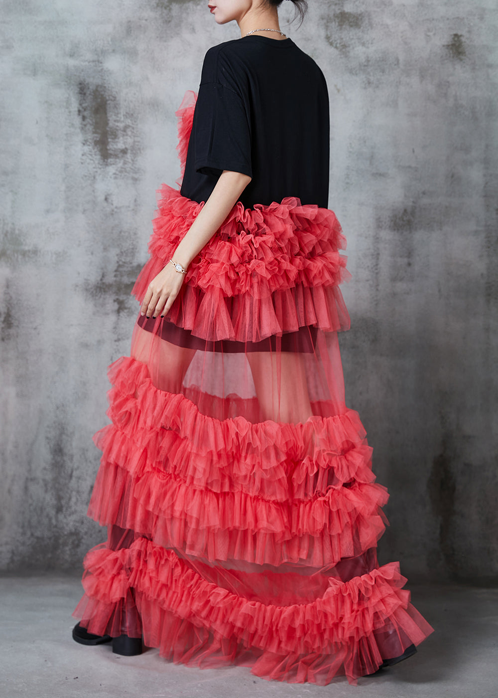 Black Ruffled Patchwork Tulle Long Dress Summer