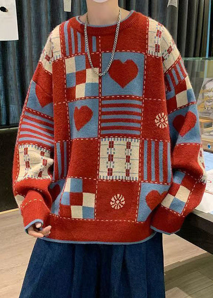 Apricot O Neck Plaid Knit Sweaters Winter