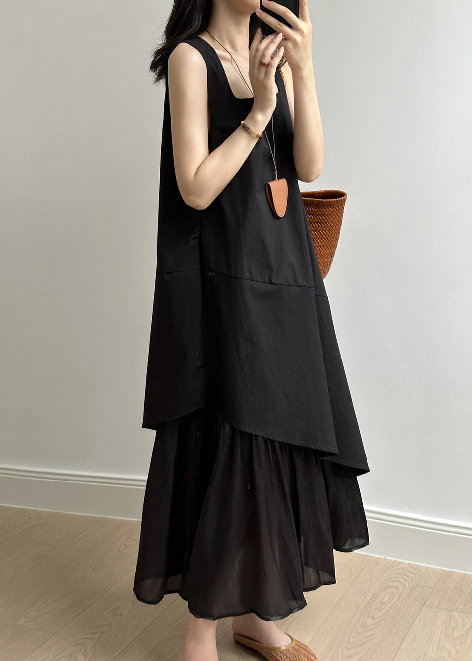 Simple Black Asymmetrical Pockets Cotton Long Dress Summer