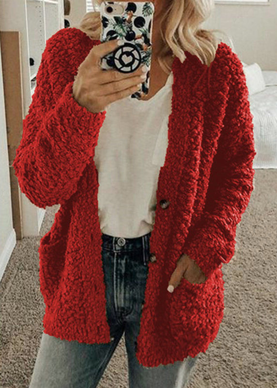 Red Pockets Button Woolen Loose Coat Fall