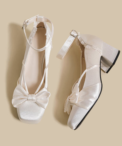 French White Bow Buckle Strap Splicing Satin Chunky Heel Shoes