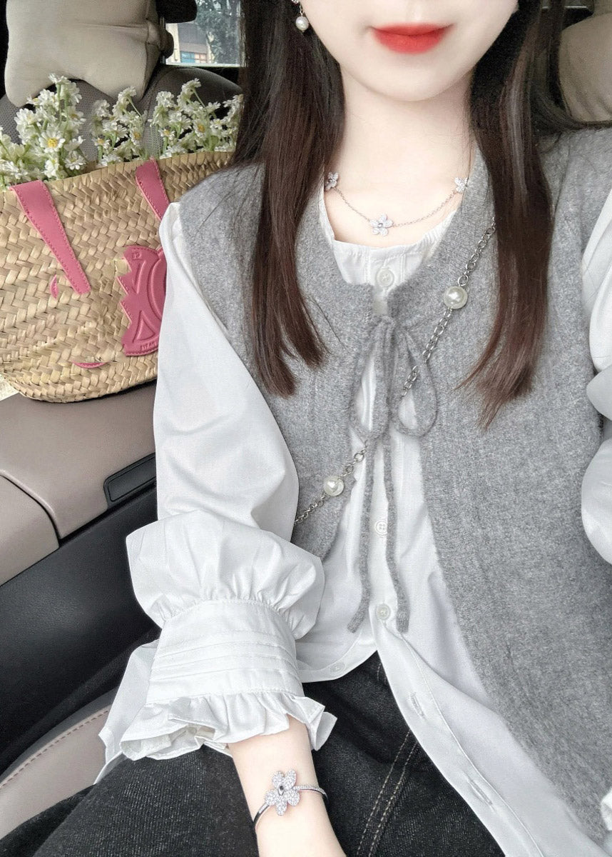 Style Grey O-neck Tie Lace Cotton Knit Waistcoat Sleeveless
