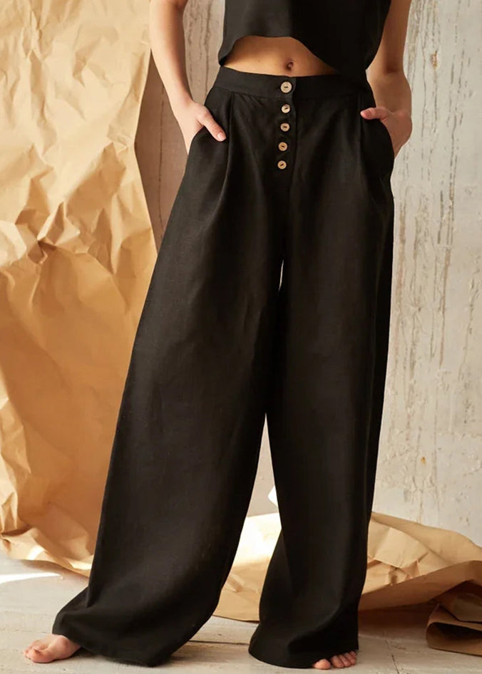 New Apricot Pockets Button Linen Straight Pants Spring