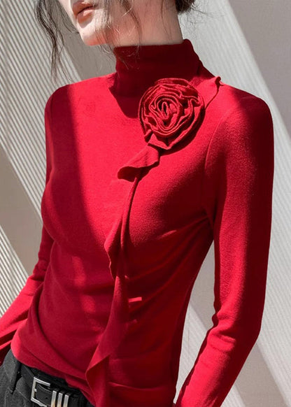 Red Stand Collar Decorated Cotton Shirt Tops Spring