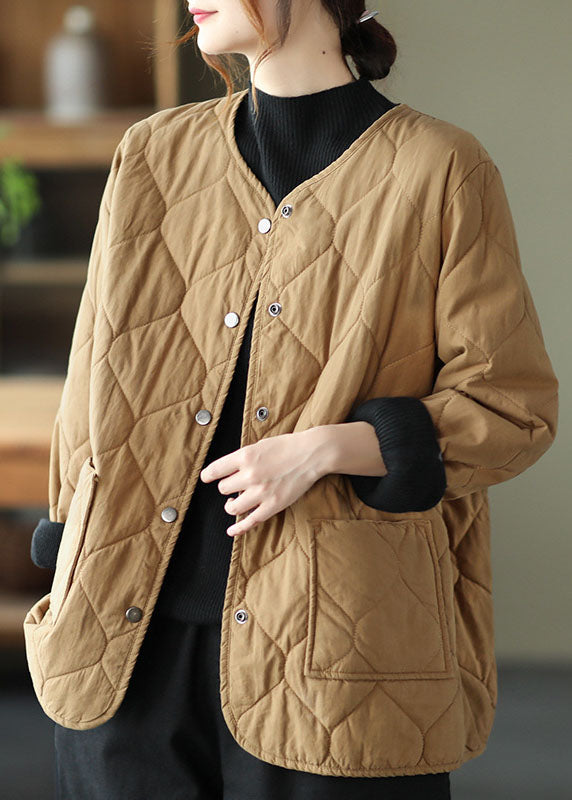 Hot Khaki O-neck Pockets Button Winter Coats Parkas