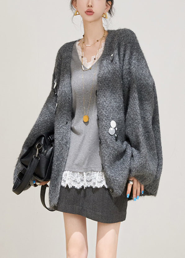 Grey Sequins Cotton Knit Cardigans Fall