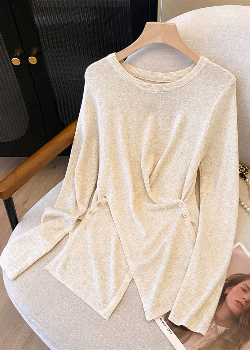 French Red O Neck Asymmetrical Design Knit Top Fall