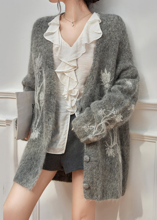 Grey V Neck Embroidered Cotton Knit Cardigan Fall