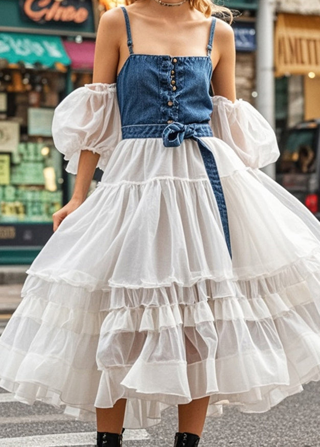 Cold Shoulder Patchwork Denim Tulle Maxi Dresses Puff Sleeve