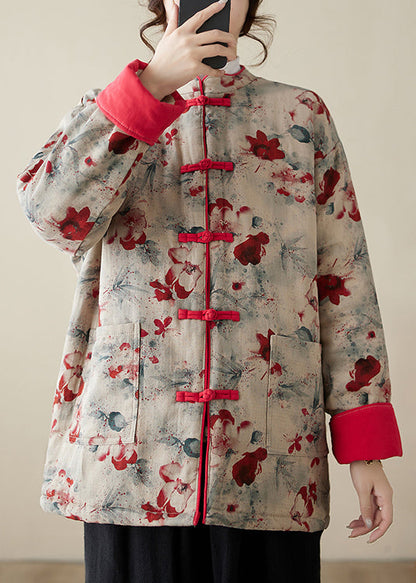 Print Button Pockets Thick Parka Stand Collar Winter
