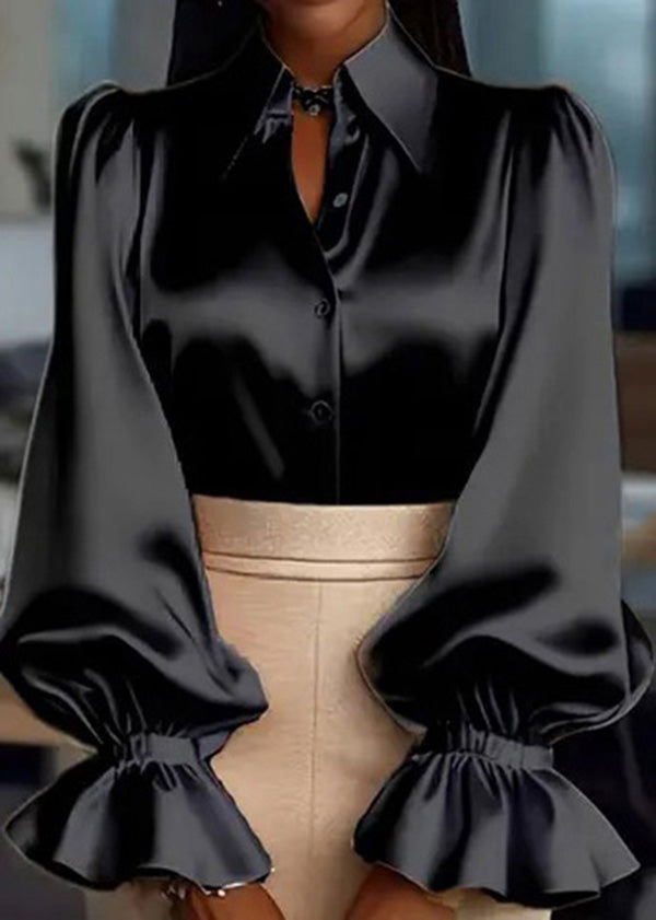 Apricot Peter Pan Collar Puff Sleeve Silk Shirts Top