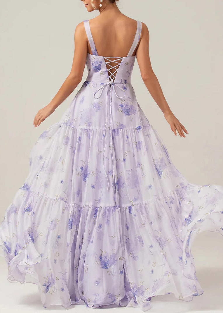 Purple Print Lace Up Chiffon Long Dress Summer