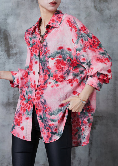 Red Plum Blossom Print Cotton Shirt Top Spring