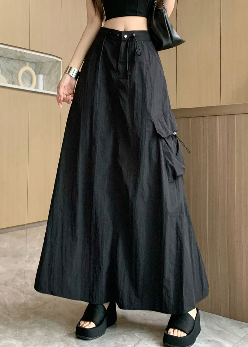 Black Pockets Drawstring High Waist Cotton Skirts Summer