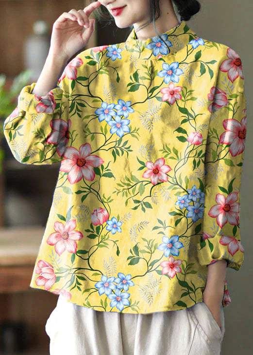Stylish Blue Embroidered Retro Linen Blouse Tops Spring