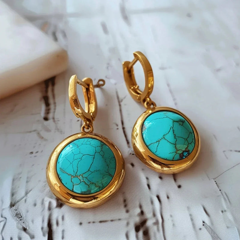 Inlaid Blue Stone Gold Earrings