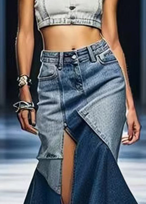 Blue Side Open Patchwork Denim Skirt Summer