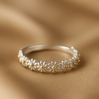 Hand-painted Silver Daisy Ring