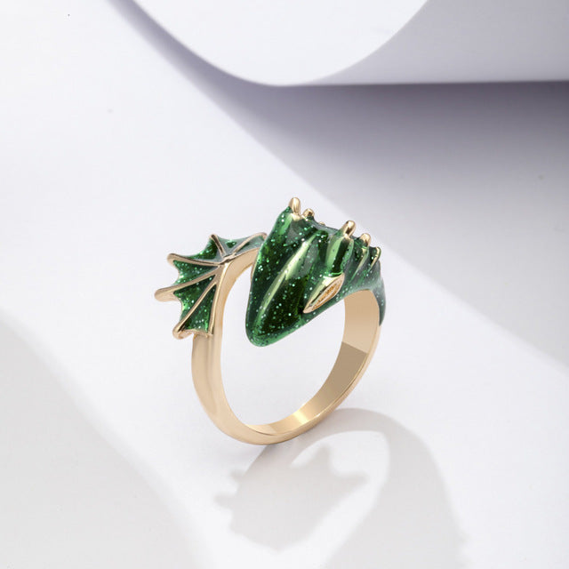 Anillo Ajustable Dragón con Esmalte Verde Pintado a Mano en Plata y Oro