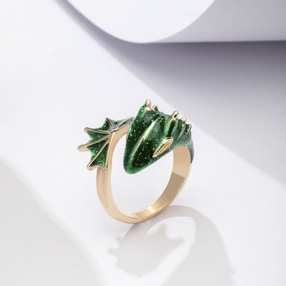 Anillo Ajustable Dragón con Esmalte Verde Pintado a Mano en Plata y Oro