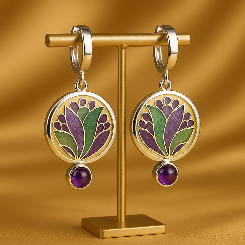 Silver Earrings With Purple Crystals