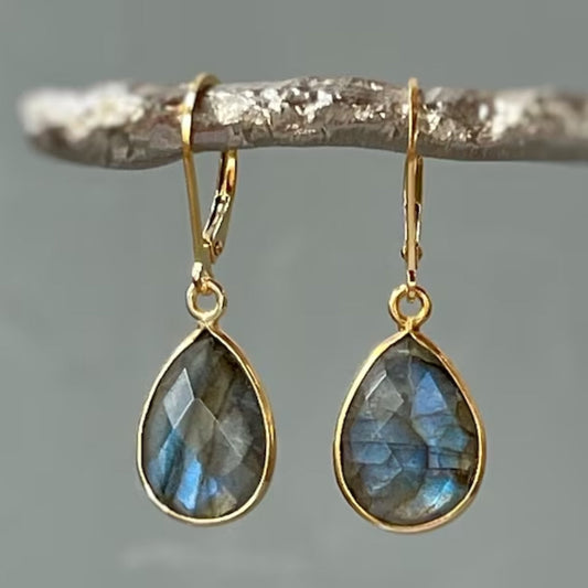 Aretes Gota de Cristal Azul Vintage en Oro