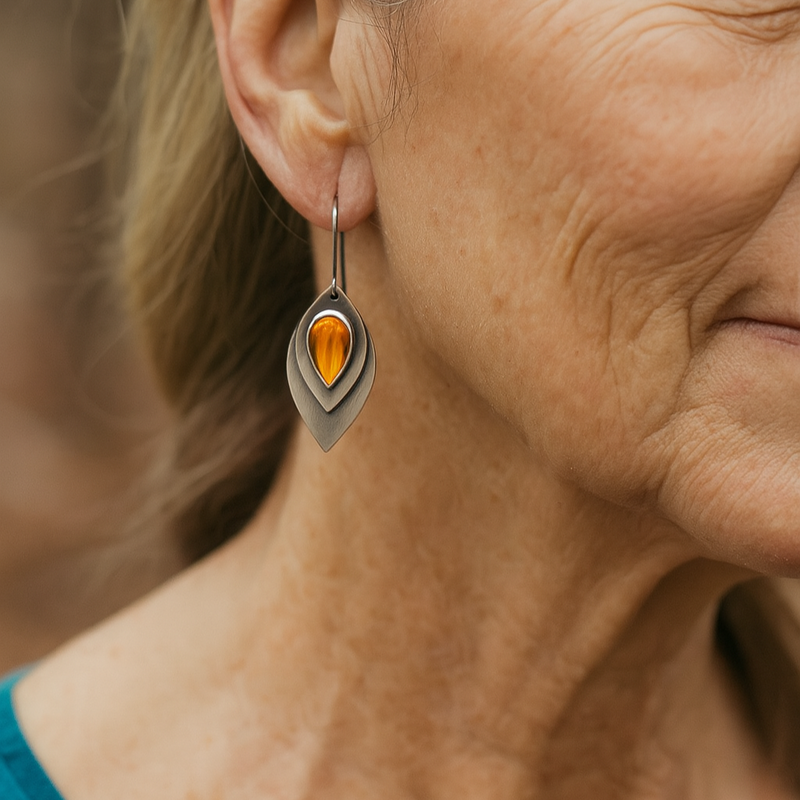 Orange Stein Earrings in Silver