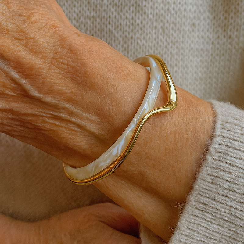 Open Bracelet Made of White Enamel and Gold