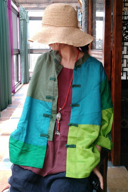 Spring Linen Color Block Button Cardigan