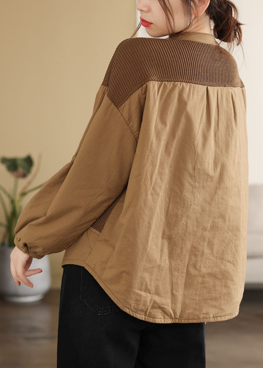 Classy Coffee O-neck Patchwork Pockets Fine Cotton Filled Parka Jacket Winter
