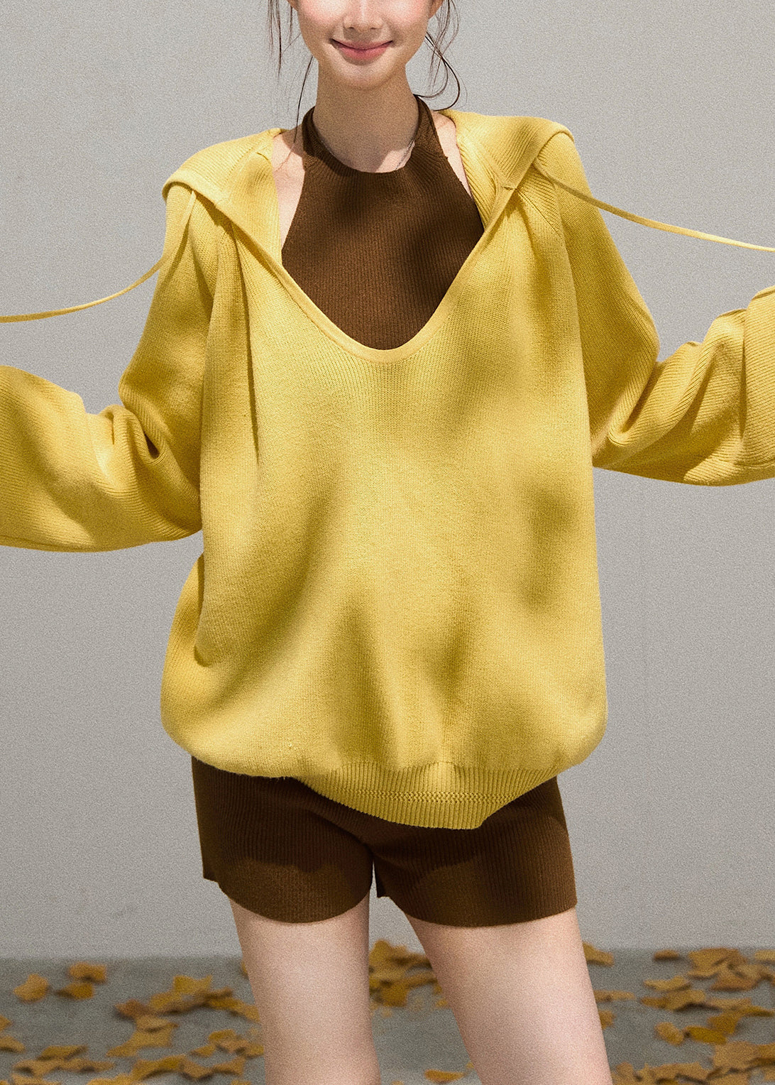 Yellow Hooded Knit Pullover Sweatshirt Fall