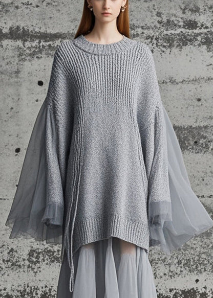 Grey Patchwork Tulle Knitted Dress Oversized Batwing Sleeve