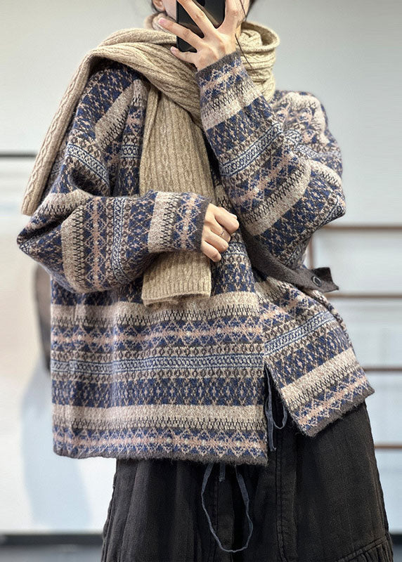 Blue Asymmetrical Oversized Print Wool Knit Cardigan Winter