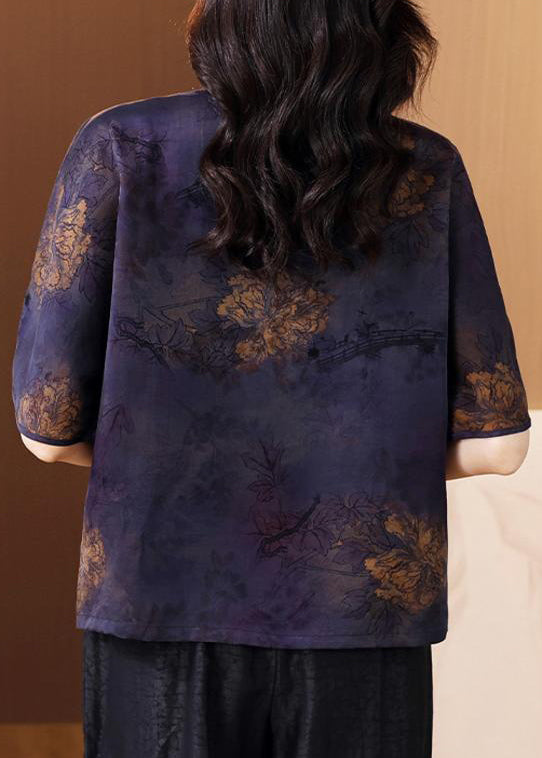 Coffee Stand Collar Print Silk Shirt Tops Summer
