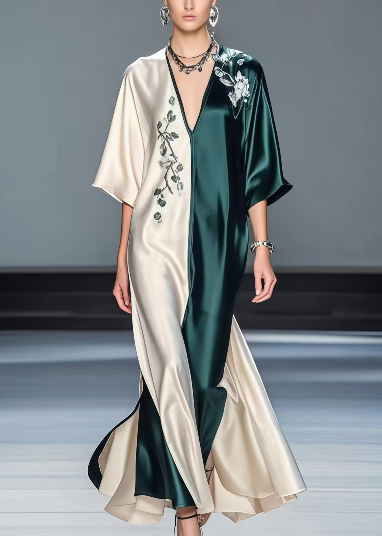 Boutique Colorblock V Neck Patchwork Silk Long Dresses Half Sleeve