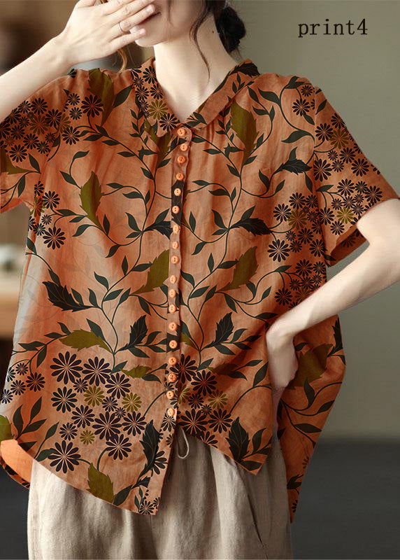Print5 Peter Pan Collar Pockets Patchwork Ramie Cardigan