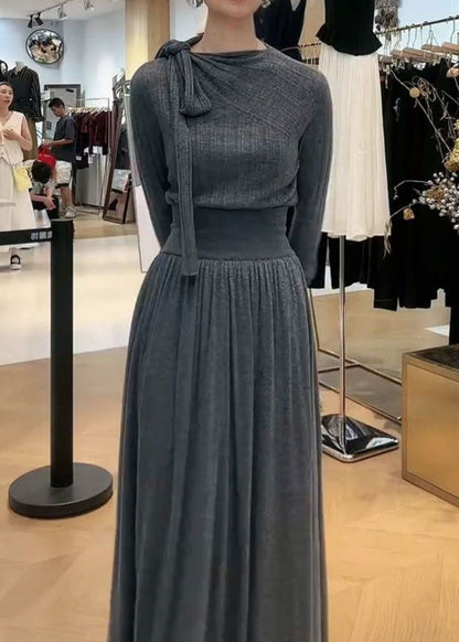 Stylish Grey Neck Knit Top and Maxi Skirts Two Pieces Set Winter